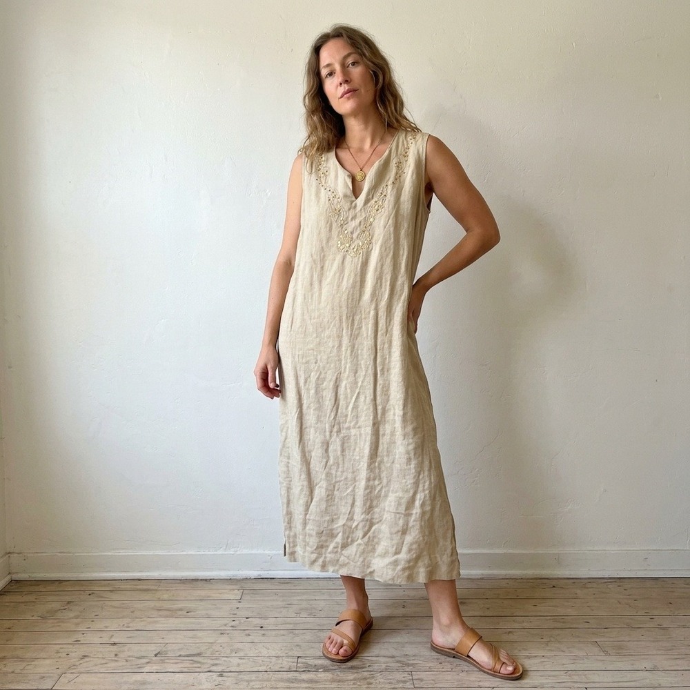 Vintage Egon Furstenberg Womens Dress 47 Tan Linen Embroidered Sequin Lagenlook